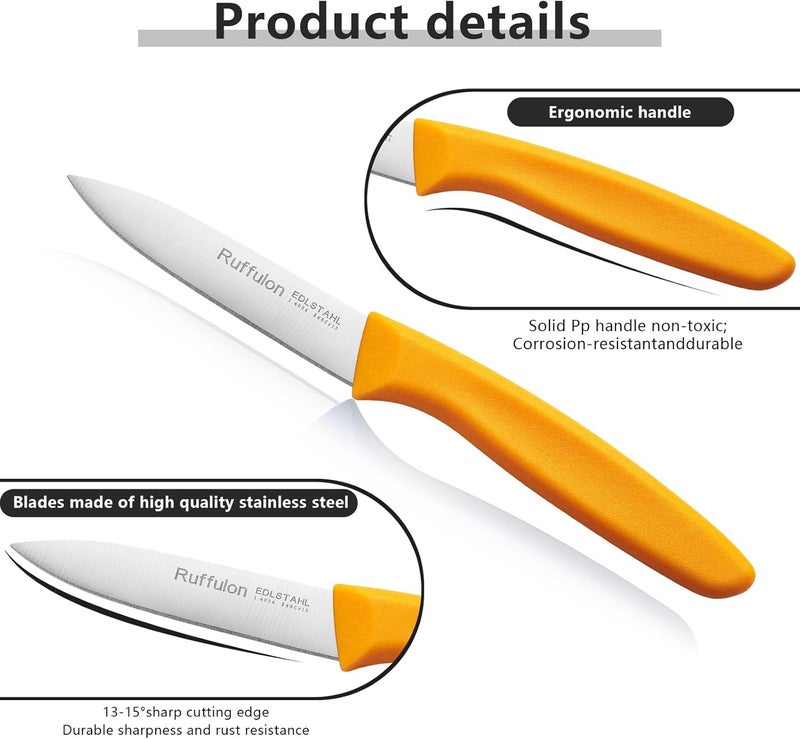 Ruffulon Paring Knife Fruit Knife Set (6 Pieces), Ultra Sharp Stainless Steel Vegetable and Fruit Knife with PP Plastic Ergonomic Handle for Cutting Fruits and Vegetables,Orange - Image 3